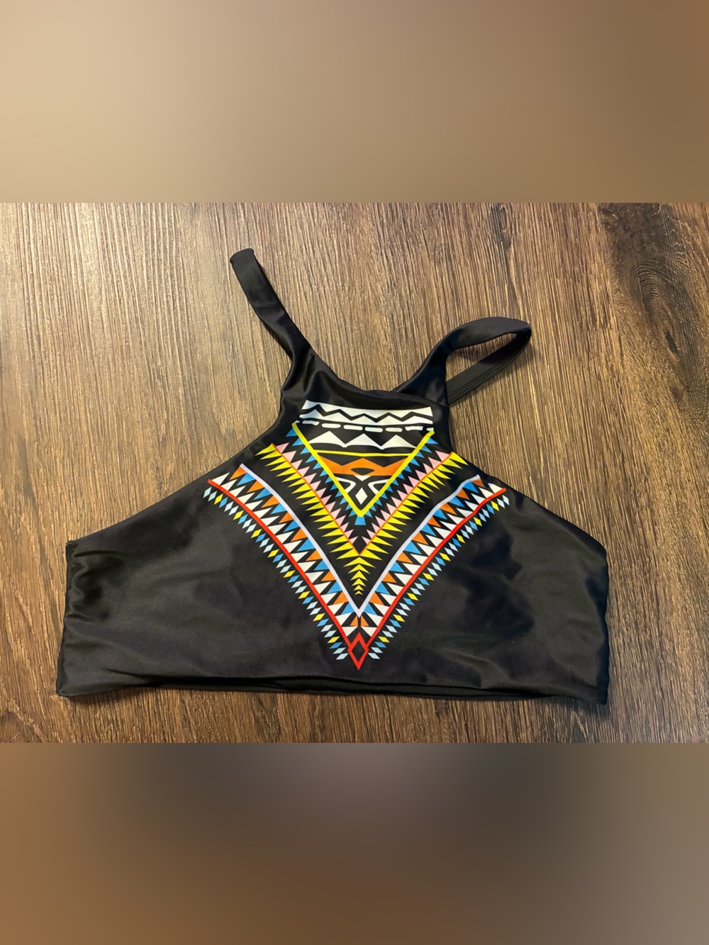 Black Bikini Top with Colorful Geometric Print